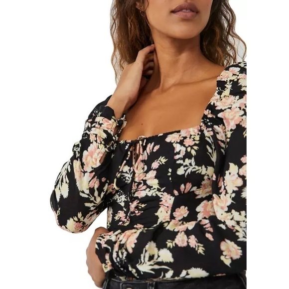 Free People Hilary Black Floral Print Top - Picture 2 of 14
